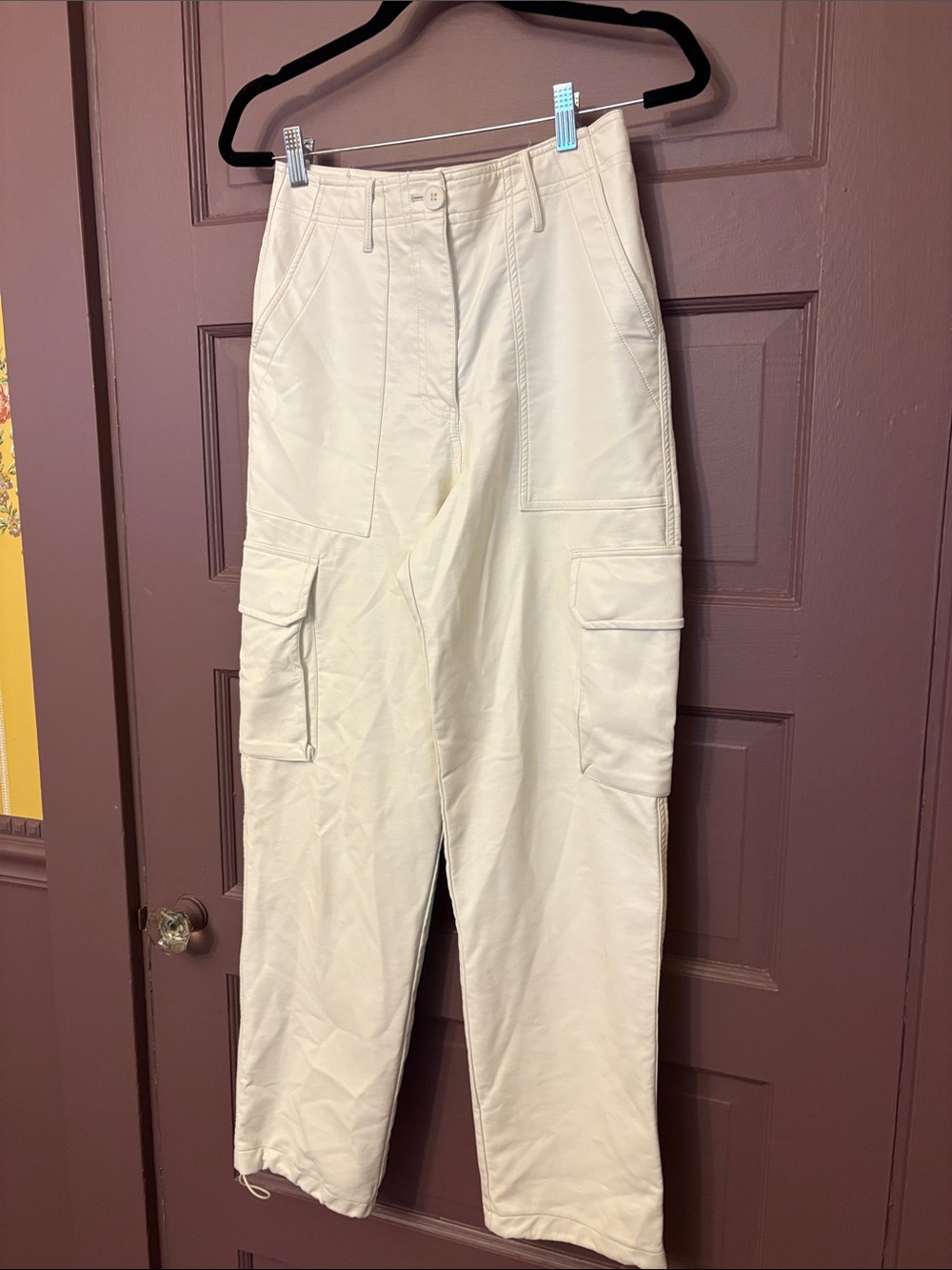 Women’s size Small Bobbles & Lace faux Leather cream colored cargo joggers